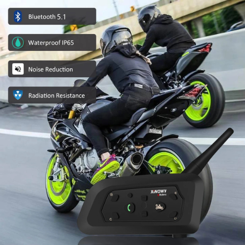 Two people riding motorcycles with a Bluetooth intercom device in the foreground.