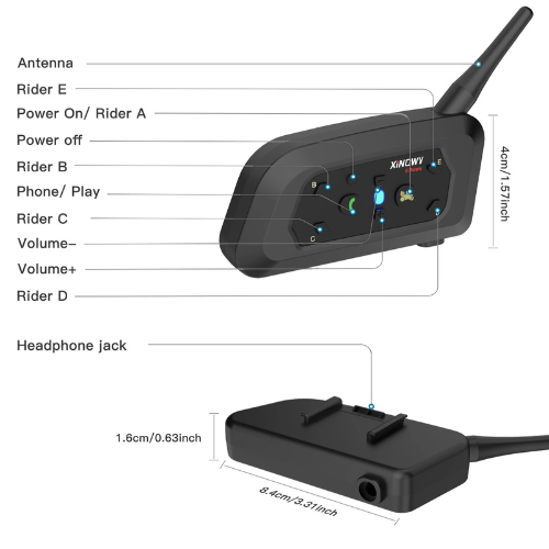 Black Bluetooth intercom with labeled parts and dimensions on a white background