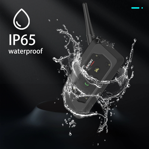 Black electronic device with antenna splashing in water, labeled IP65 waterproof on a dark background.