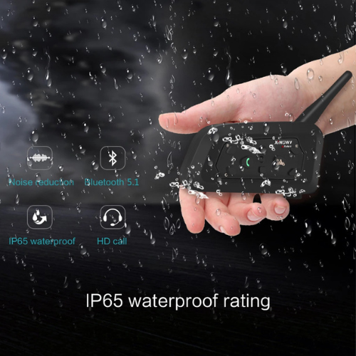 Hand holding a black wireless device with raindrops on a dark background, emphasizing IP65 waterproof rating.