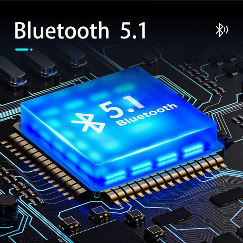 Blue Bluetooth 5.1 chip on a circuit board with 'Bluetooth' text and logo.