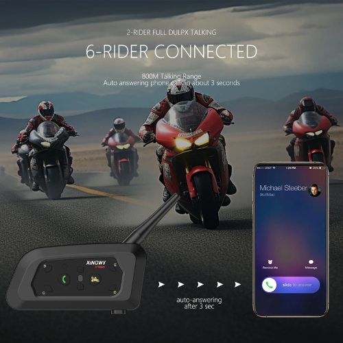 Motorcycle communication device with smartphone app interface, riders on motorcycles in the background.