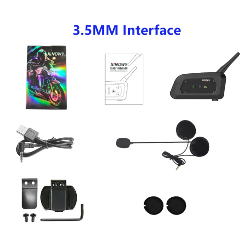 Motorcycle communication system with helmet intercom, charger, and accessories on a white background.