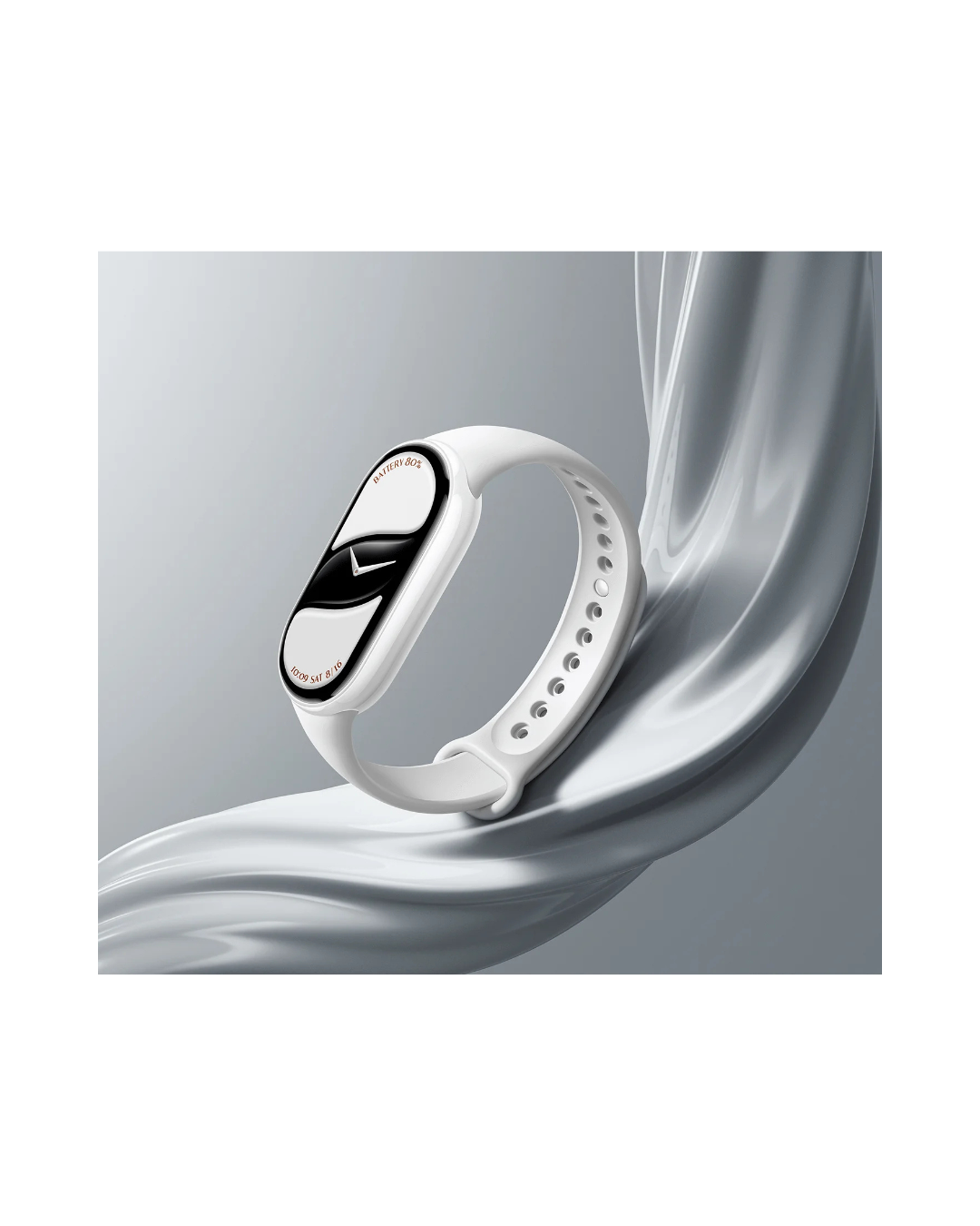 White smartwatch on a gray fabric background