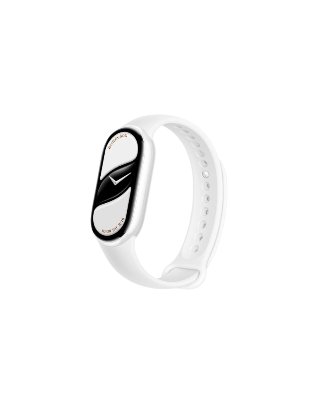 White smartwatch with a black screen on a white background