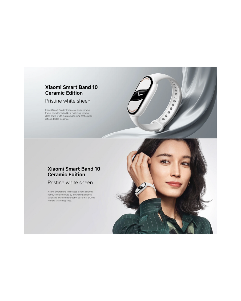Xiaomi Smart Band 10 Ceramic Edition with a woman wearing it on a white background