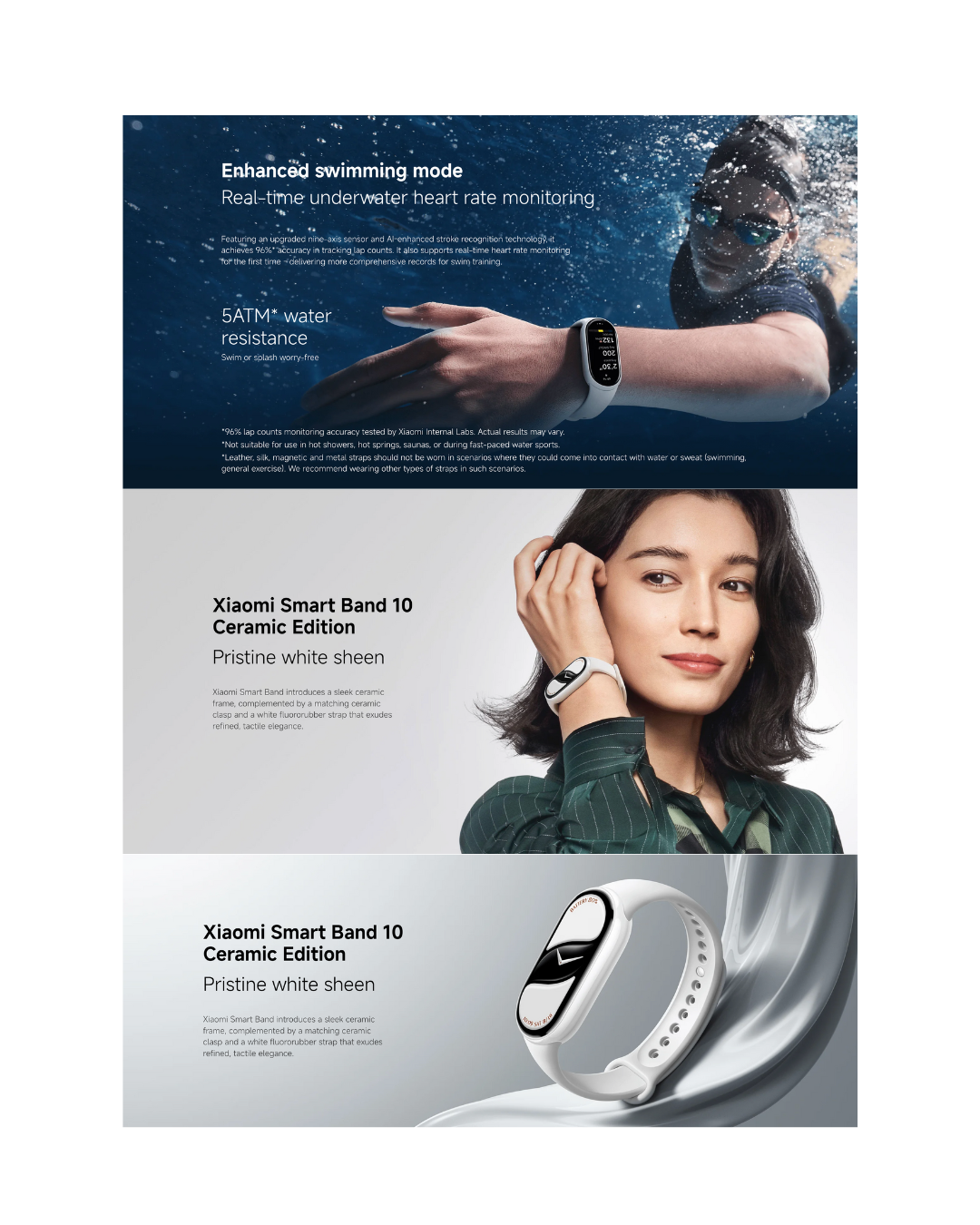 Xiaomi Smart Band 10 Ceramic Edition packaging with a woman wearing the band and text about features.