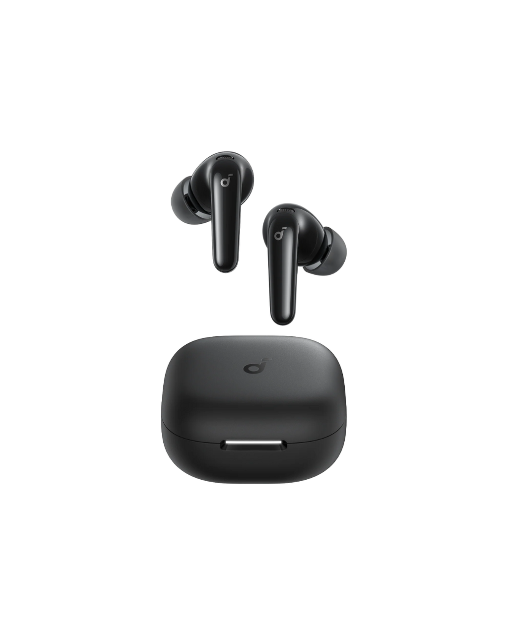Black wireless earbuds with charging case on a white background
