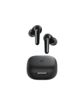 Black wireless earbuds with charging case on a white background