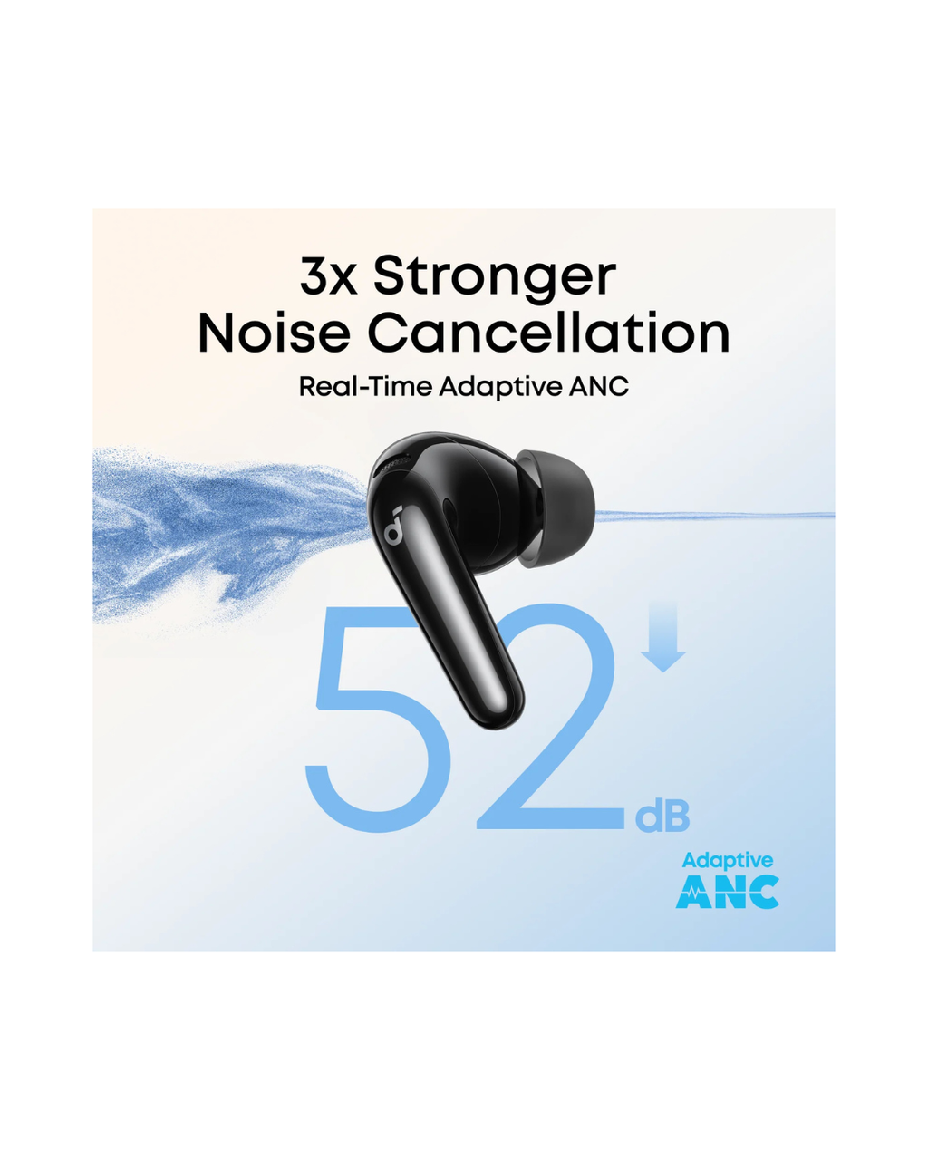 Black wireless earbuds with noise cancellation text and graphics on a light background
