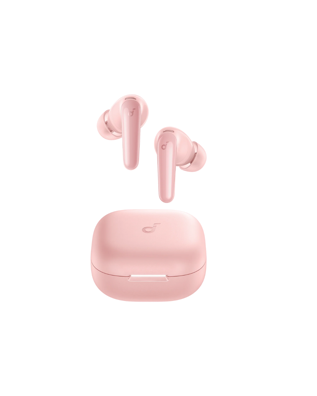 Pink wireless earbuds with charging case on a white background