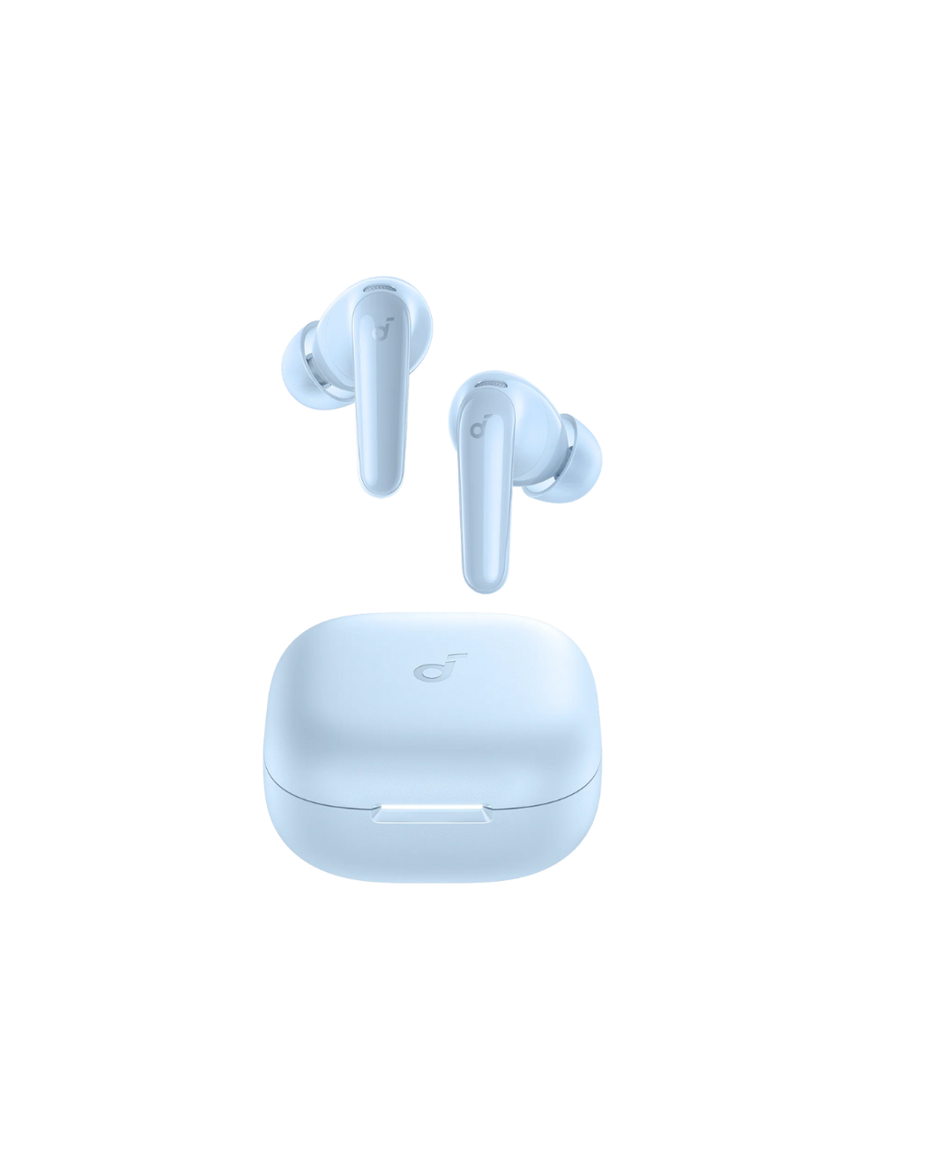 Blue wireless earbuds with charging case on a white background