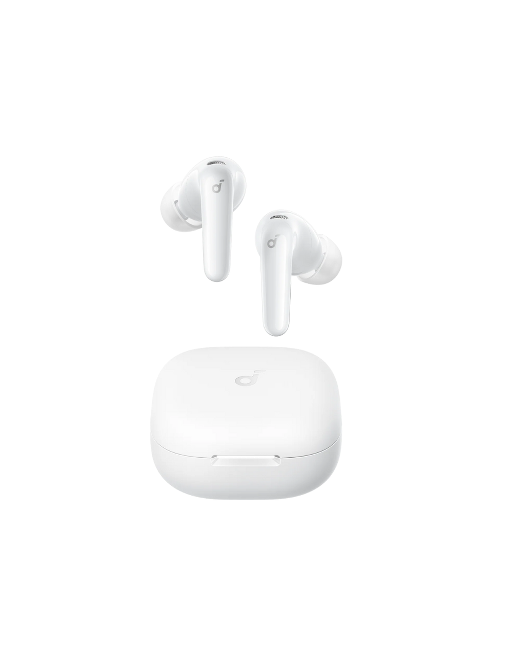 White wireless earbuds with charging case on a white background
