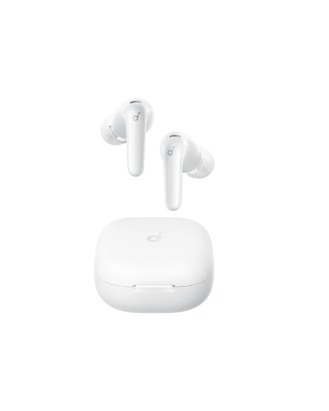 White wireless earbuds with charging case on a white background