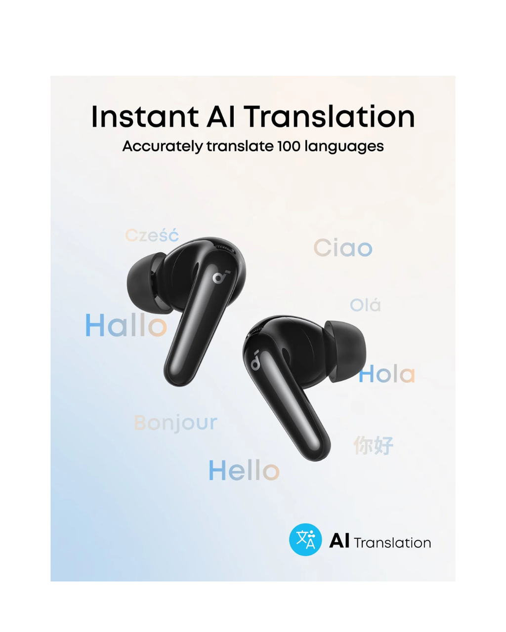Black wireless earbuds with text indicating instant AI translation capabilities on a light background.
