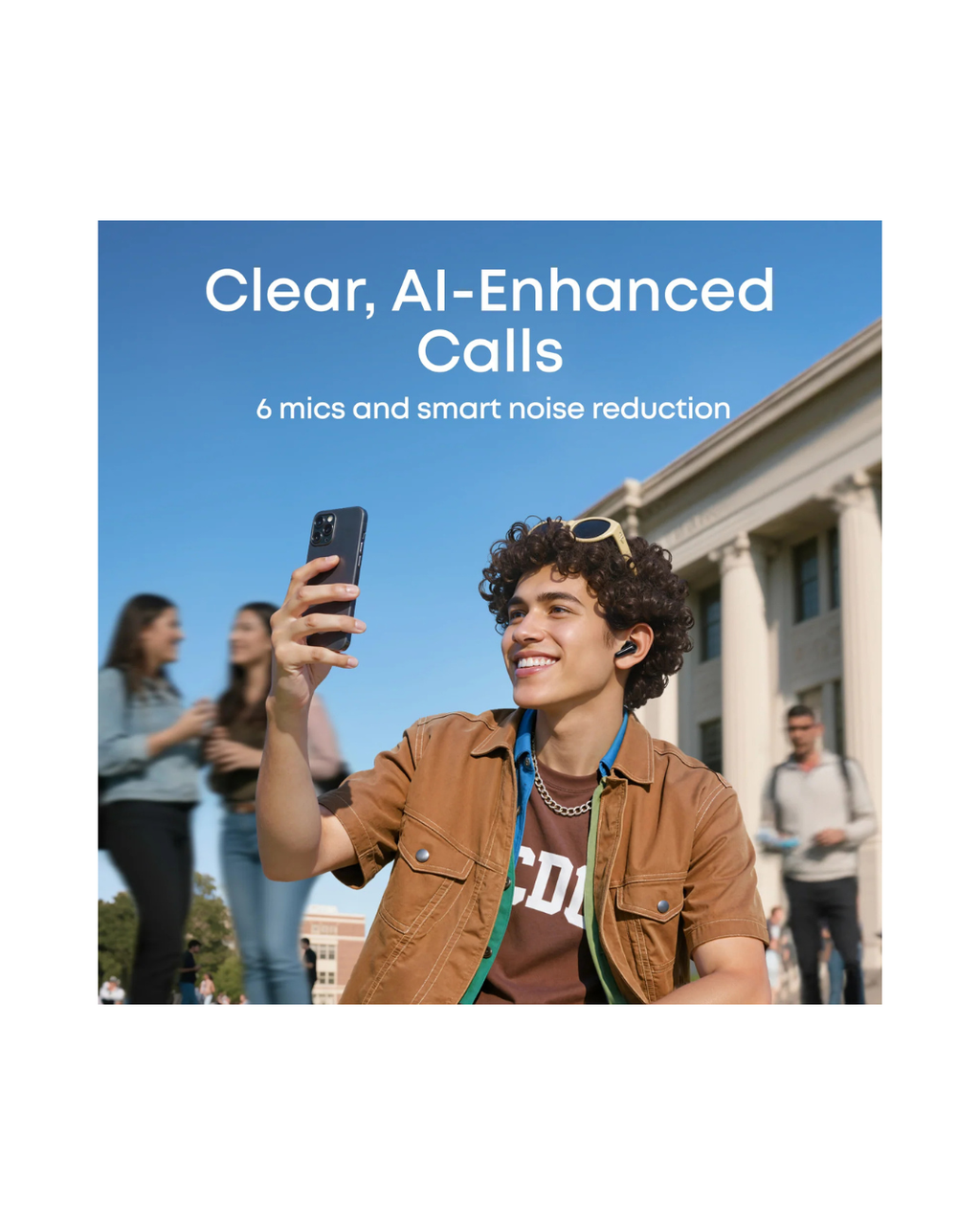 Person using a smartphone with text about clear AI-enhanced calls and 6 mics on a blue background