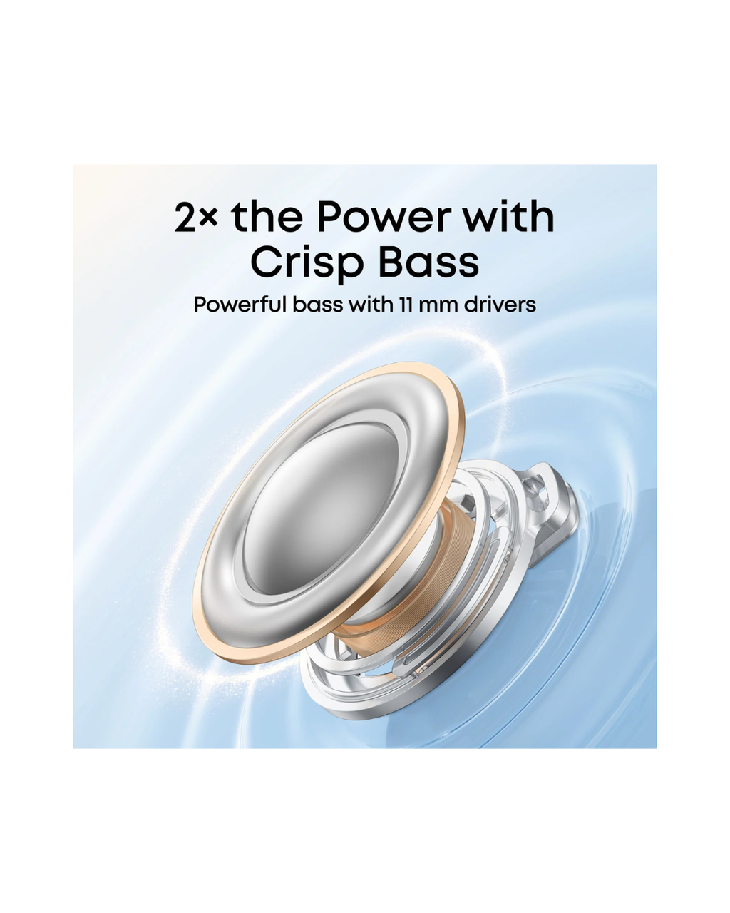 Speaker driver with text '2x the Power with Crisp Bass' on a light blue background