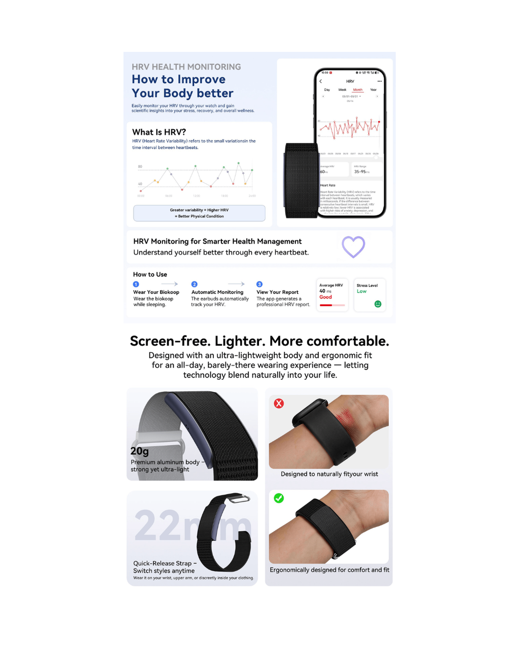 Kieslect BioKoop Health Tracker | Ultra-Light 12.9g Screen-Free Wearable | Heart Rate, HRV, SpO2 & Sleep Tracking