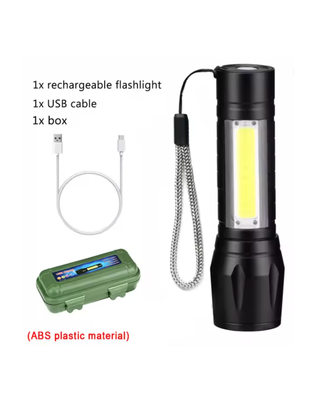 Portable LED Flashlight with Zoom | USB Rechargeable Mini Torch | XPE + COB | Waterproof Outdoor Light