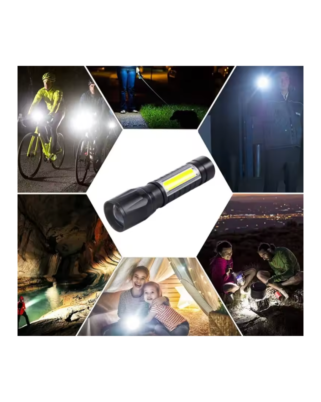 Portable LED Flashlight with Zoom | USB Rechargeable Mini Torch | XPE + COB | Waterproof Outdoor Light