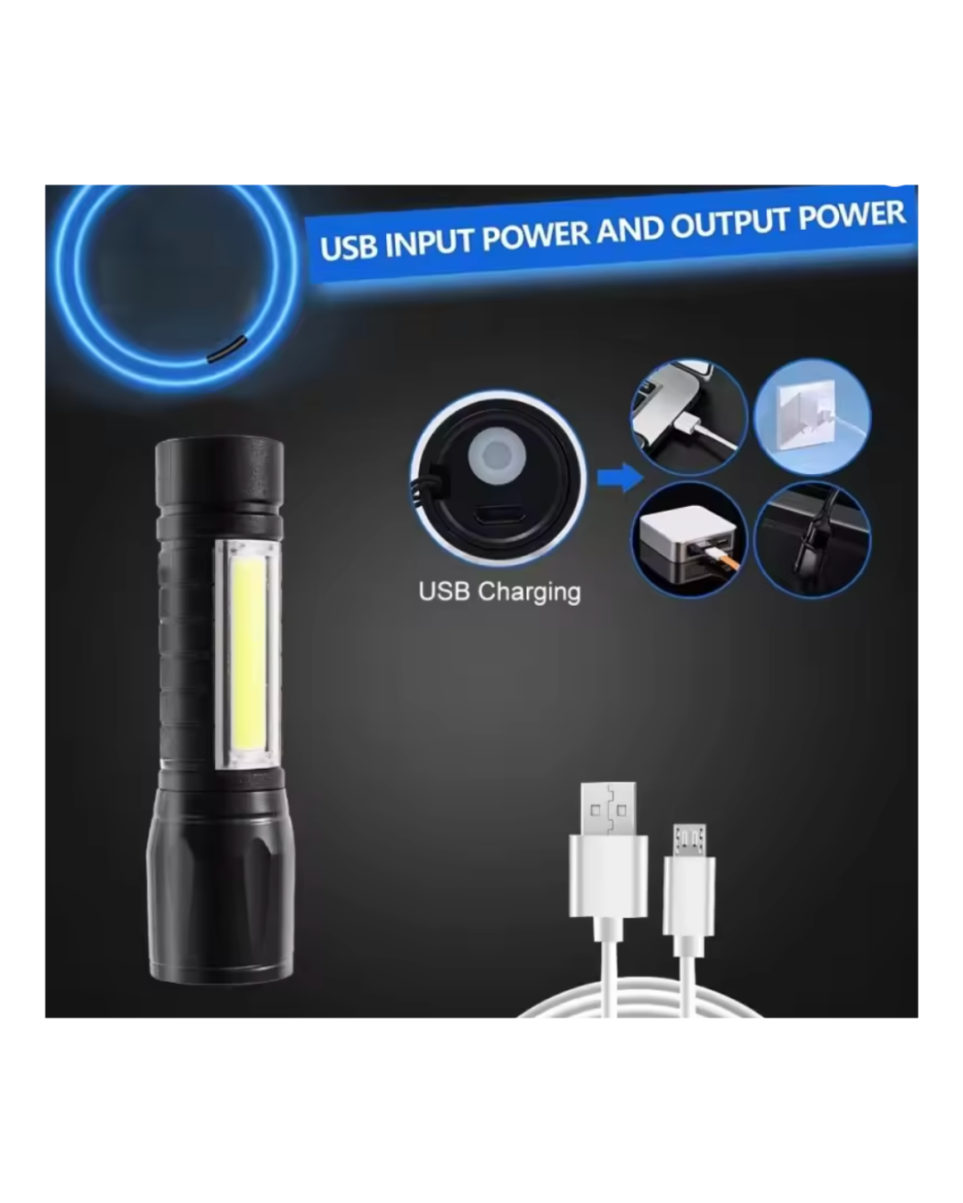 Portable LED Flashlight with Zoom | USB Rechargeable Mini Torch | XPE + COB | Waterproof Outdoor Light