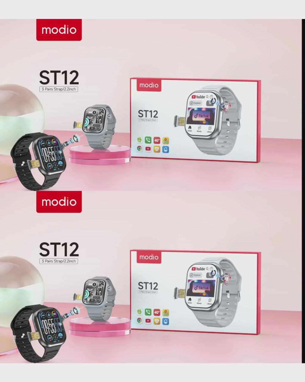 Modio ST12 Rotatable Camera 4G Network 3 Pairs Strap 2.2 inch Smart Watch