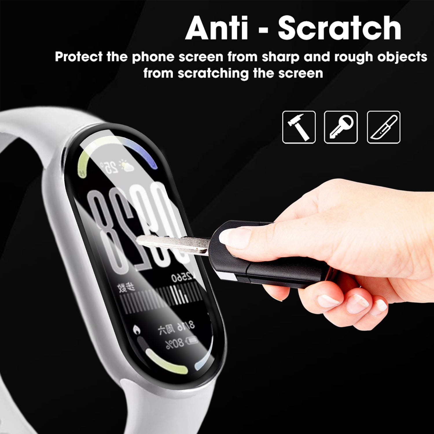 Smartwatch with screen protector being applied, text 'Anti-Scratch' and icons indicating protection from sharp objects.
